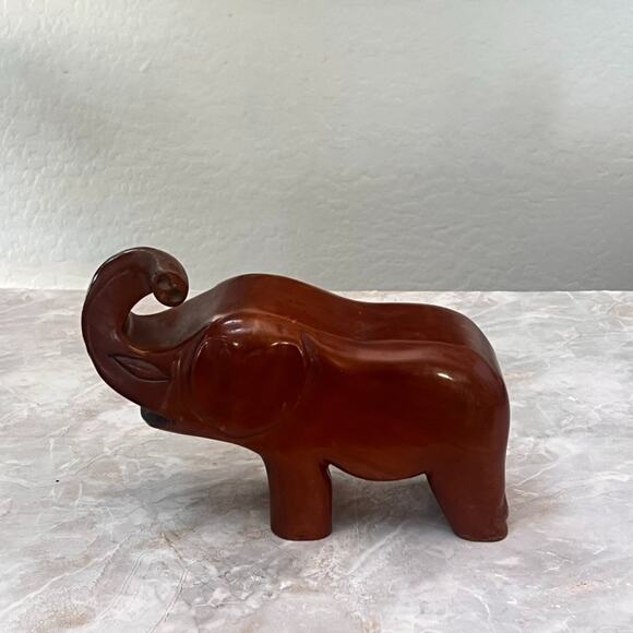Hand Carved Wooden Elephant Figurine Solid Wood Raised Trunk Figure MCM - Picture 3 of 14